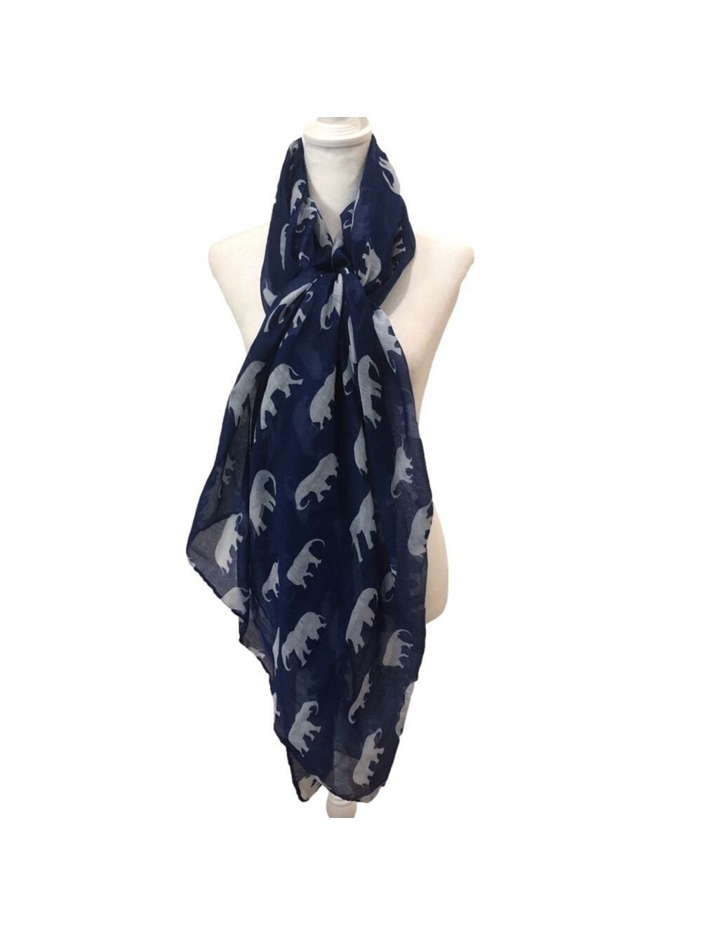 WRAP/SCARF. Blue background with elephant print. Rectangle 35”x72”